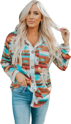 Shirts Button Down Jacket Women Vintage Aztec Color limner drake demerit realm Block Blouse Tops Casual Ethnic Style Long Sleeve 