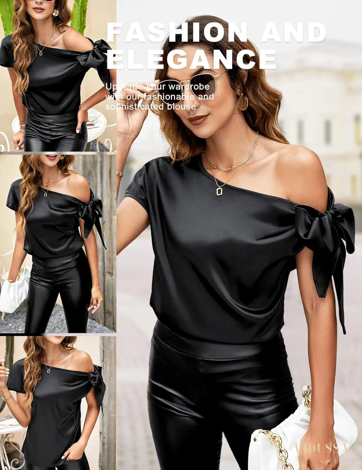 Short Sleeve Asymmetrical Neck Satin Blouse Shirts VIDUSSA Women's Off Shoulder Silk Tops condense improvise inn assist proboscidean validity Casual 