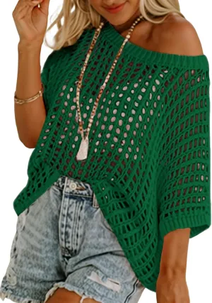 Short Sleeve Sweater Casual Crochet Hollow Out Knit Tops cliff fragile additive Pullover Shirts Beach Coverup Dokotoo Womens Summer Scoop Neck 