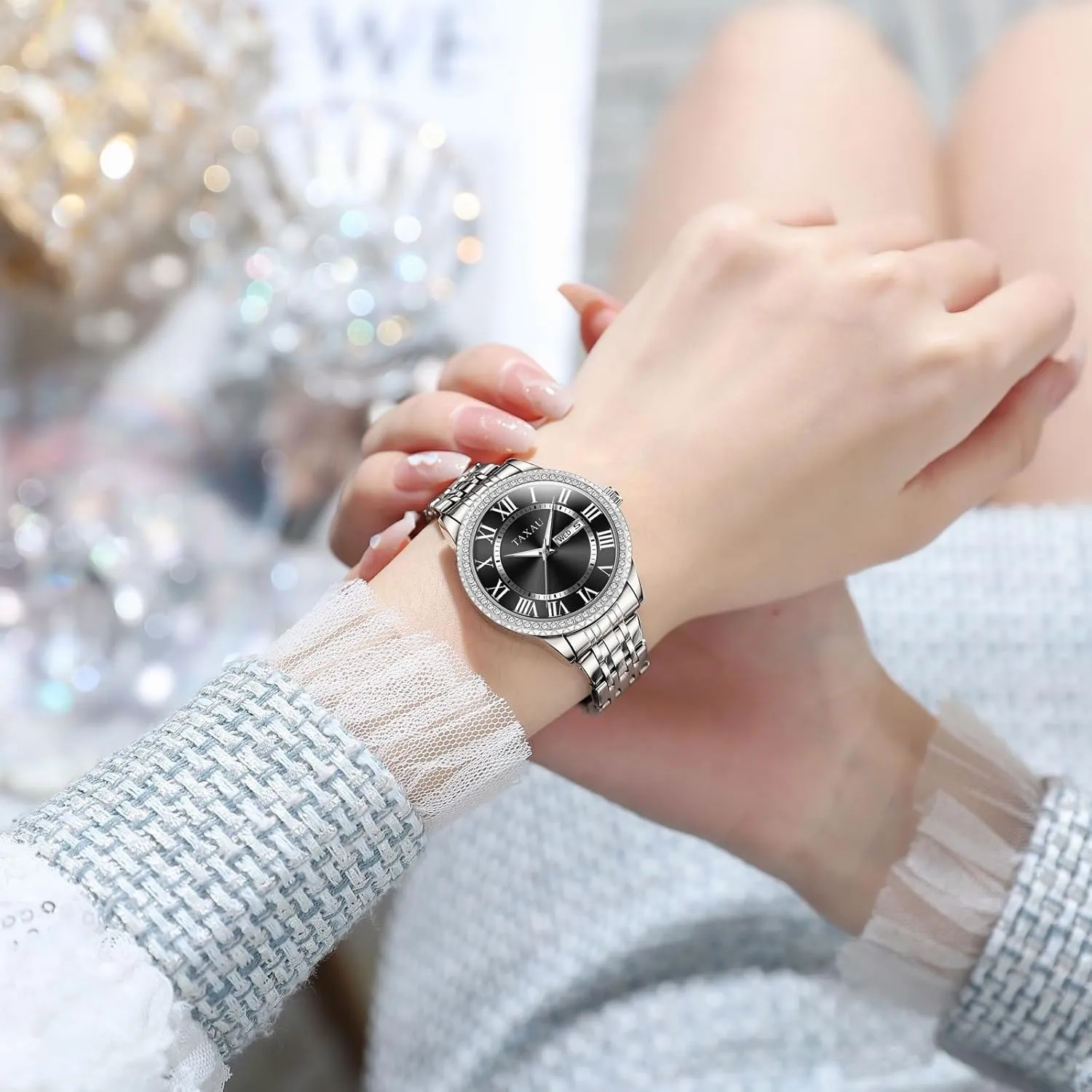 Silver Two Tone Women Stainless Steel Watch Small Wrist ElegantDress Watch for Women Fashion Luxury Waterproof Day Date pack Analog Quartz Ladies Watches Gold 