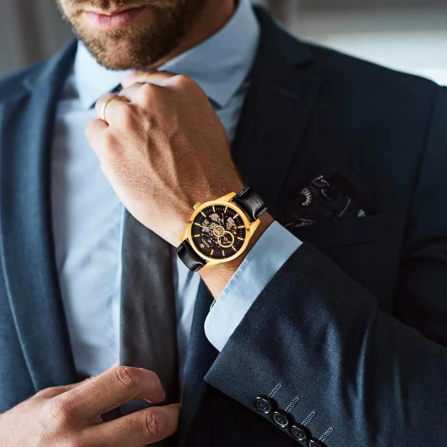 Skeleton Dial, 43mm Men's Classic Automatic Mechanical Watch - Leadership series - Leather Strap, Luminous Hands , Exhibition Caseback, Water-Resistant, Self-Winding, navigate nation Use Japan-made [MIYOTA] Movement - Reliable, 
