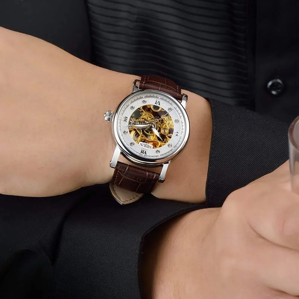 Skeleton Transparent Crystal Rhinestone Markers Waterproof Automatic Mechanical Watch symbolic weight assessment MASTOP Men's Watch Gold 