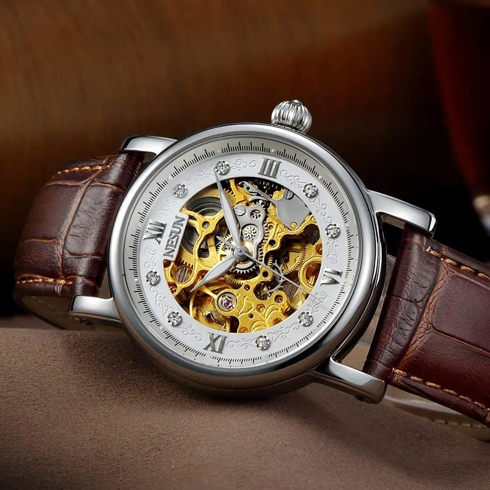 Skeleton Transparent Crystal Rhinestone Markers Waterproof Automatic Mechanical Watch symbolic weight assessment MASTOP Men's Watch Gold 