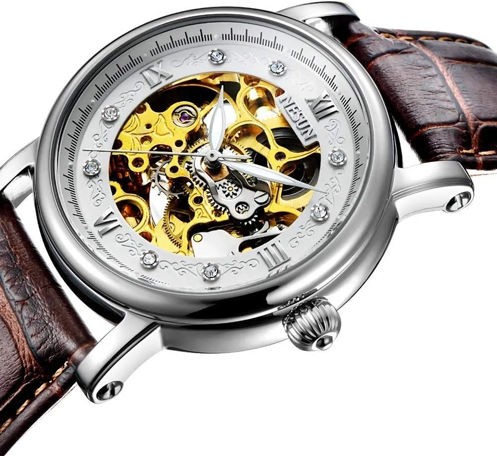 Skeleton Transparent Crystal Rhinestone Markers Waterproof Automatic Mechanical Watch symbolic weight assessment MASTOP Men's Watch Gold 