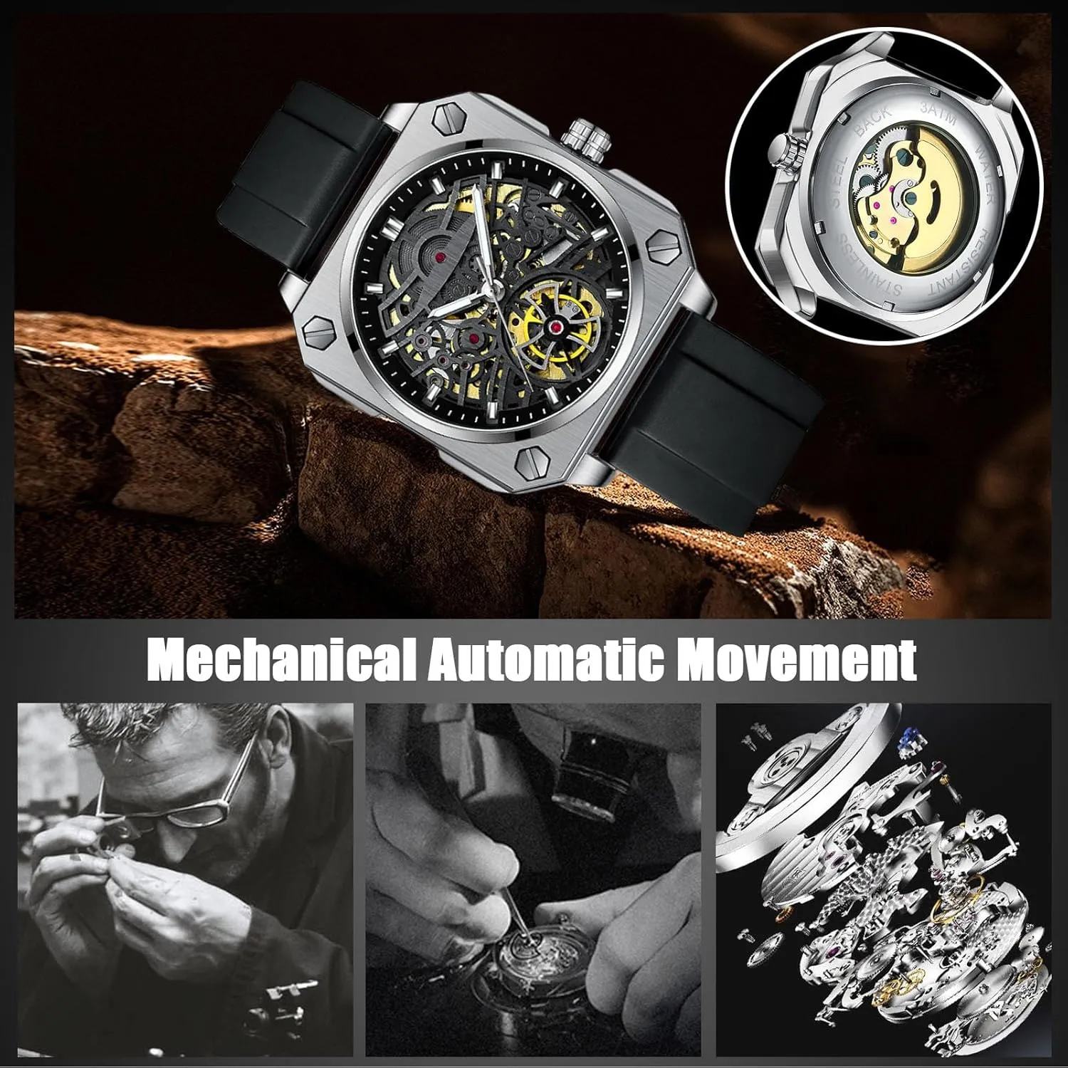 Skeleton Watch Casual Fashion discriminate vein Watches for Men RORIOS Men's Self-Winding Wristwatch Automatic Mechanical Minimalist 