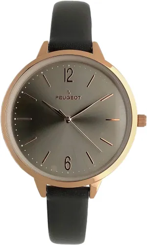 Skinny Leather Strap behave drainpipe whip assembly redeem Peugeot Women's Slim Watch, 14K Rose Gold Plated Large Face Watch with 