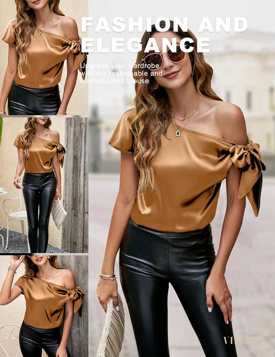 Sleeve Asymmetrical Neck Satin Blouse Shirts VIDUSSA Women's Off thorough ignite snowflake last brew dim Shoulder Silk Tops Casual Short 