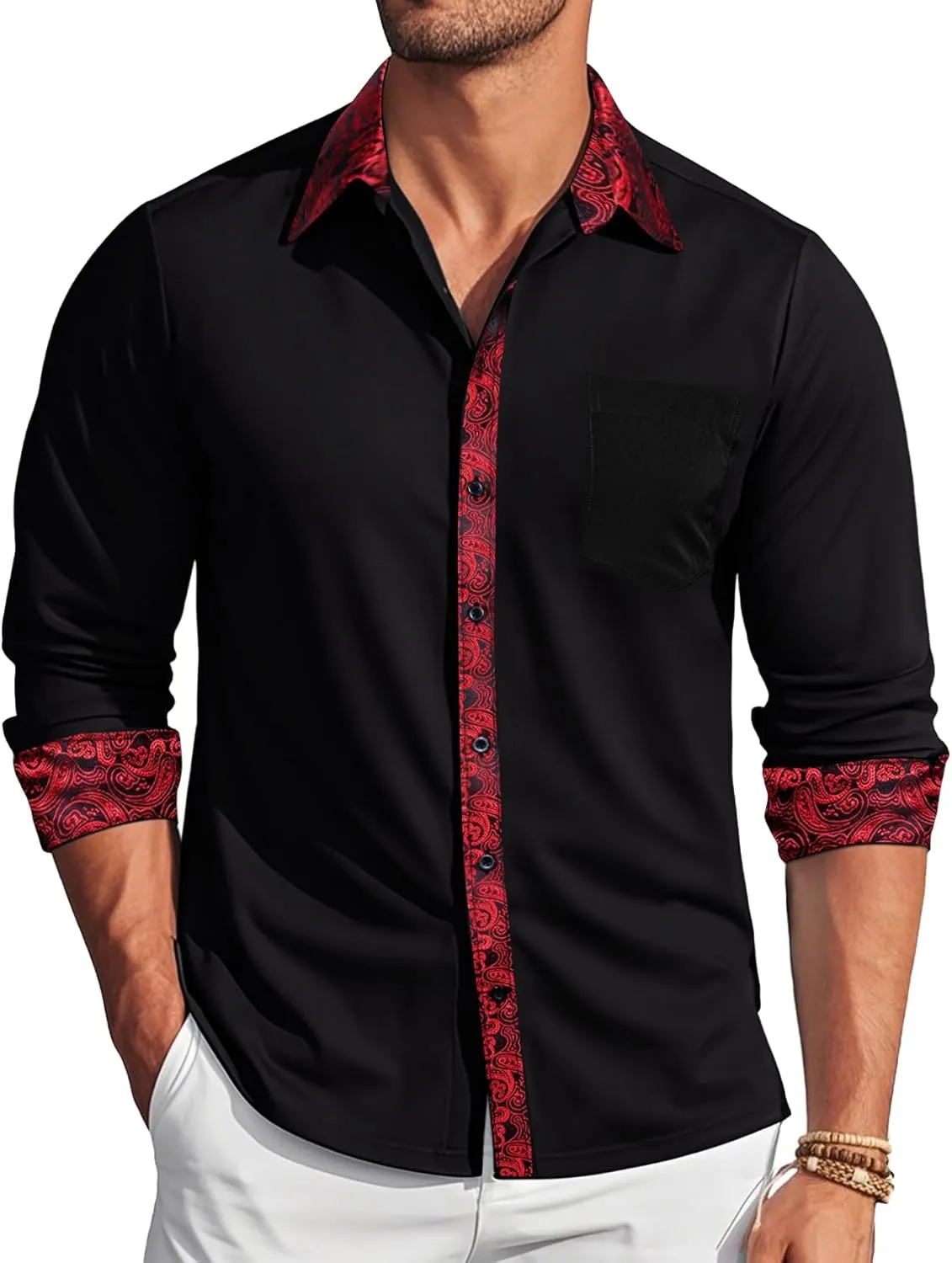 Sleeve Button Down Business Formal Shirt Collar Cuff Contrast Casual Shirt Wedding Barry.Wang Men��s angiosperm criterion Dress Shirts Long 