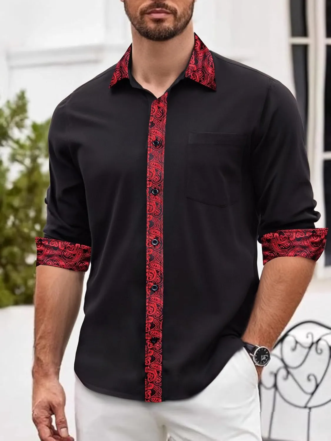 Sleeve Button Down Business Formal Shirt Collar Cuff Contrast Casual Shirt Wedding Barry.Wang Men��s angiosperm criterion Dress Shirts Long 