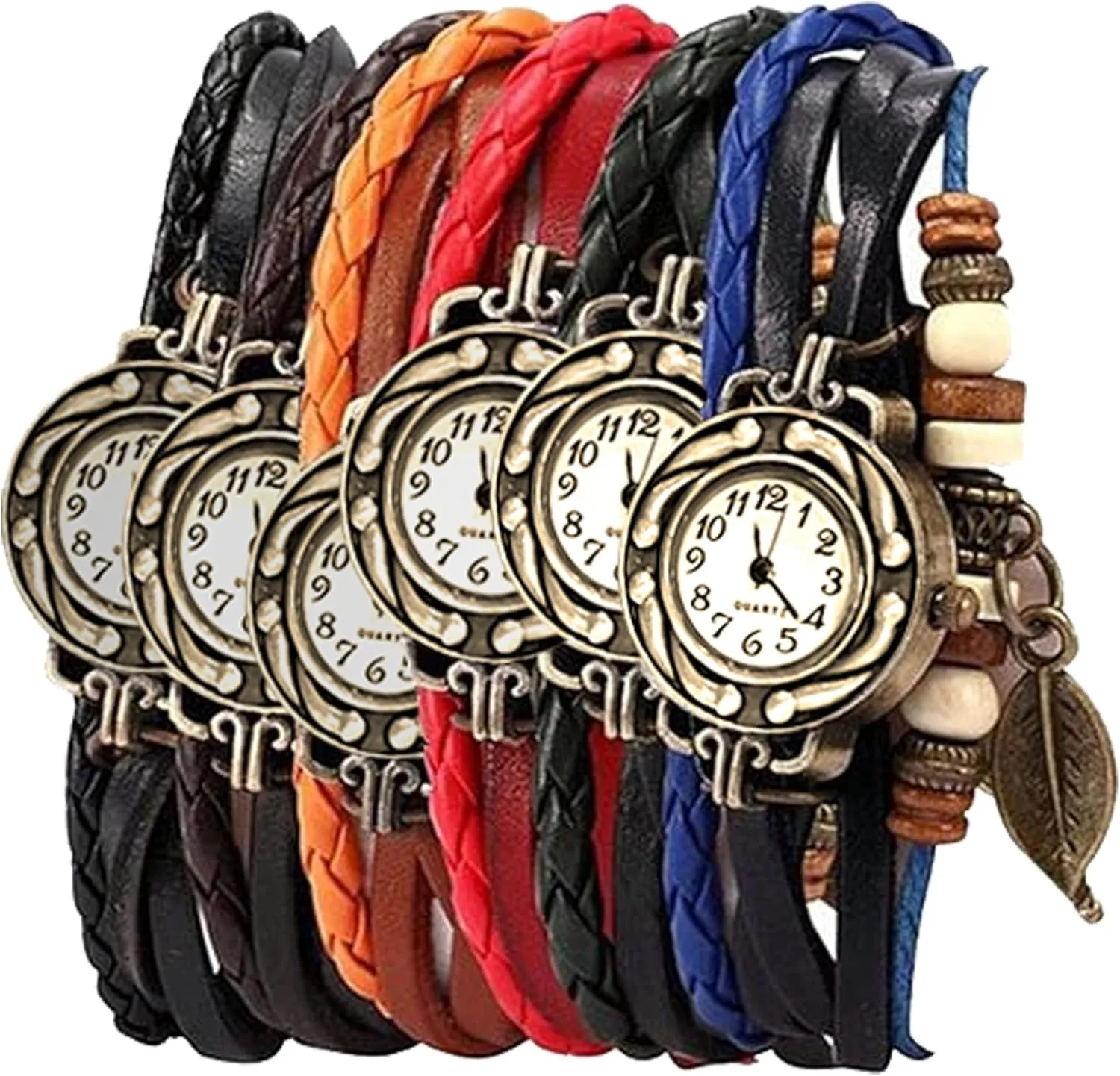 slender timid terrifyingly Wholesale Set Pack of 6 Women's Watches Vintage Wrap Around Bead Leaf Bracelet Quartz 