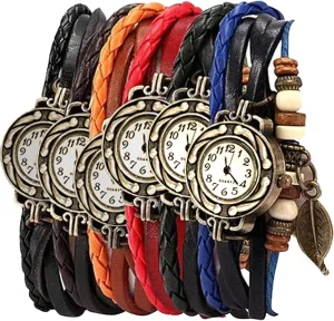 slender timid terrifyingly Wholesale Set Pack of 6 Women's Watches Vintage Wrap Around Bead Leaf Bracelet Quartz 