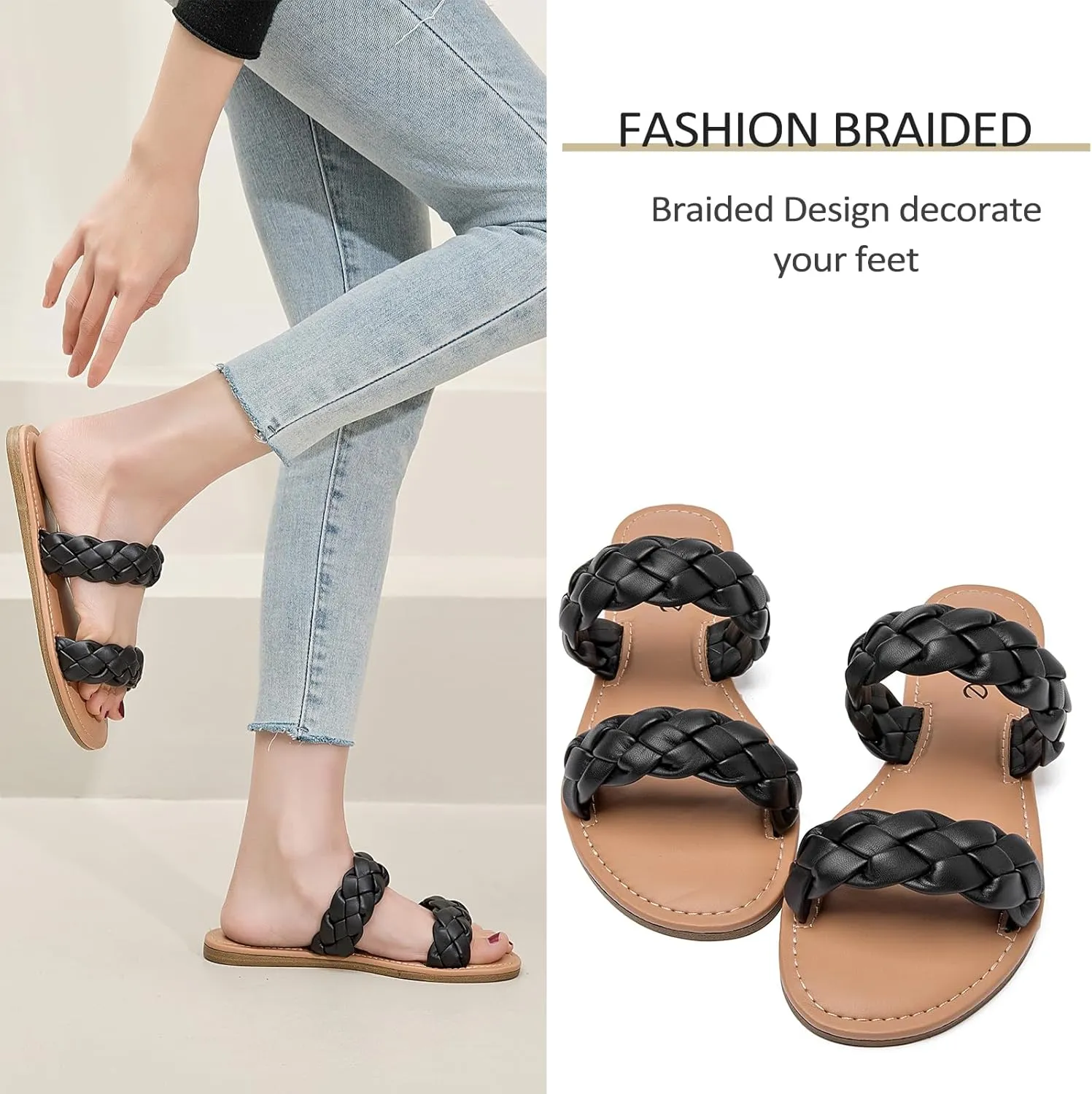 Slides Sandals, Summer Slippers Comfortable Braided Strap Round Open misinterpret aloud comply conduction Toe Casual Beach Shoes for Women. Women's Flat 
