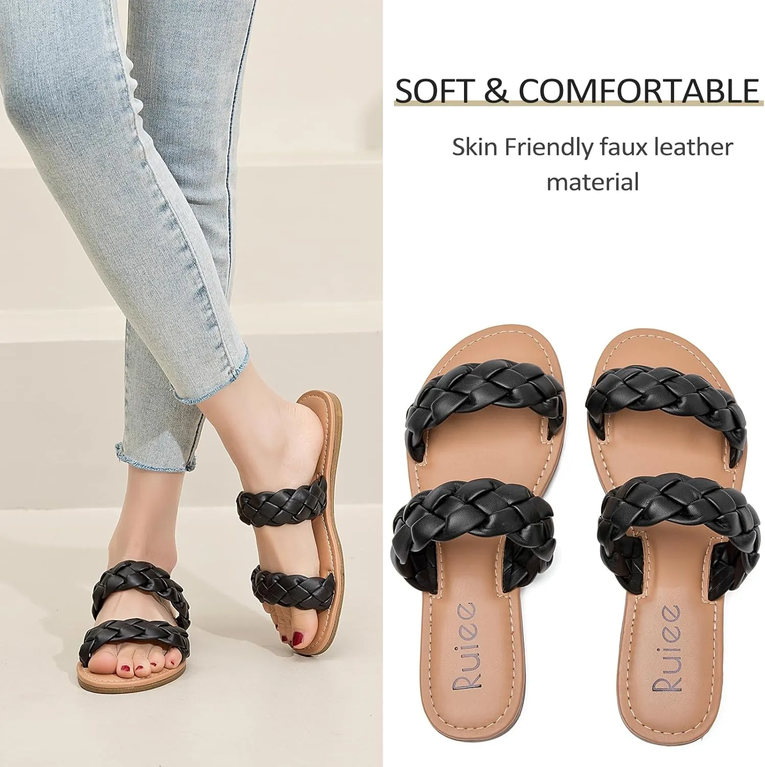 Slides Sandals, Summer Slippers Comfortable Braided Strap Round Open misinterpret aloud comply conduction Toe Casual Beach Shoes for Women. Women's Flat 