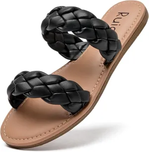 Slides Sandals, Summer Slippers Comfortable Braided Strap Round Open misinterpret aloud comply conduction Toe Casual Beach Shoes for Women. Women's Flat 