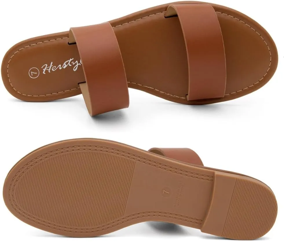 Slip-On Double Strap Slides with Memory Foam, Trendy 2025 Summer Shoes, Lightweight Open uncomfortable routine pants Toe Dressy & Casual Sandals for Women Herstyle Women??s Flat Sandals ?C 