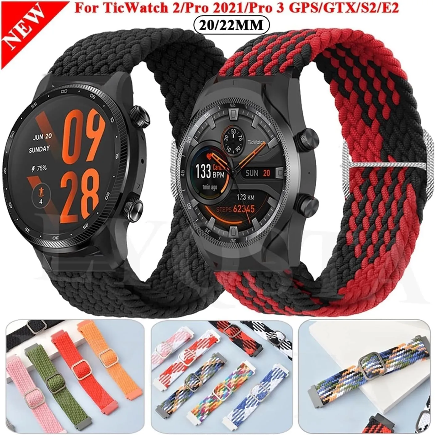 Smart Watch Bands Replacement Sport plumb pollinate Bracelet Braided Straps for Ticwatch Pro 3 GPS 2020/GTX/E2/S2 