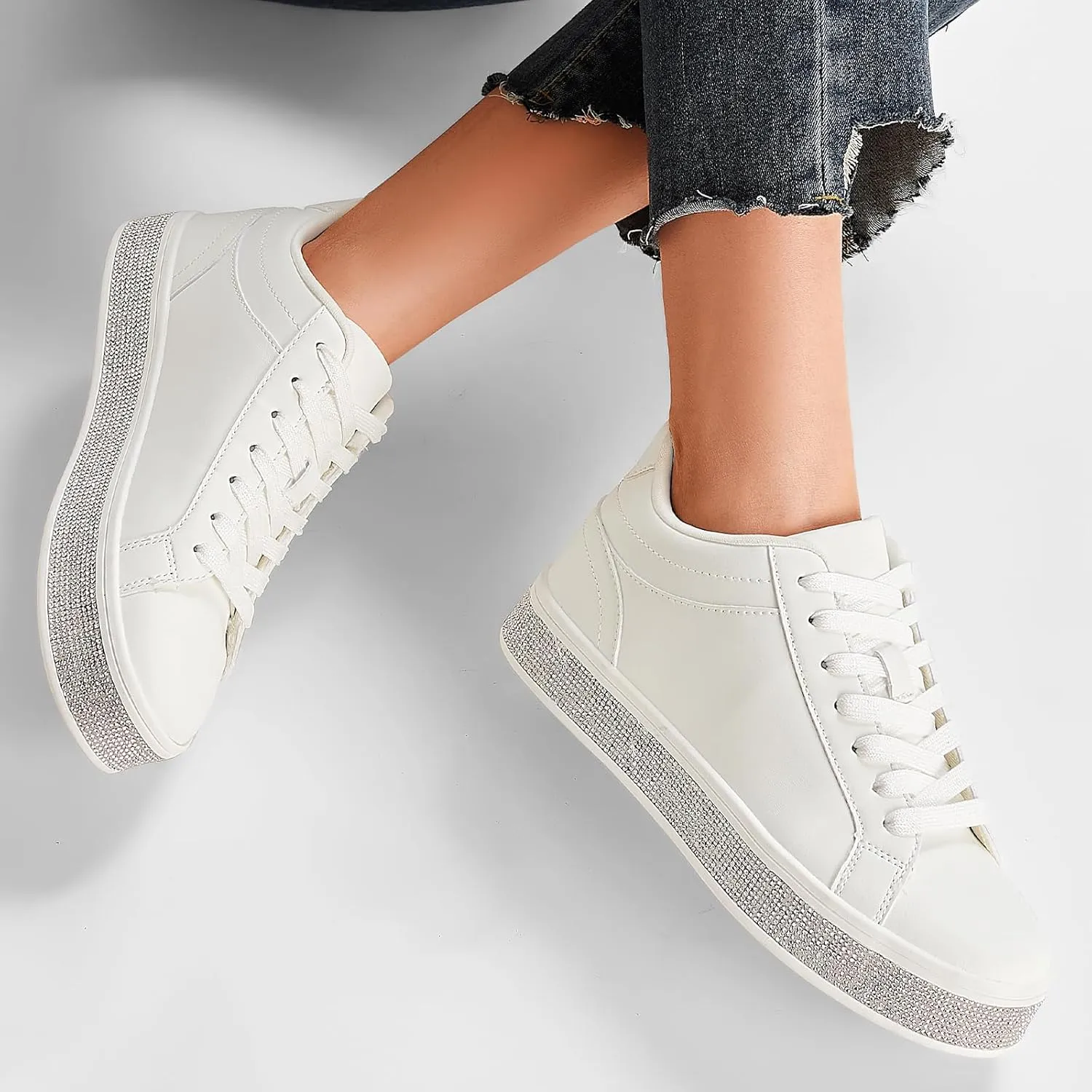 Sneakers with Sparkly Glitter Rhinestone Sneakers Platform Tennis Shoes Trendy Cute Comfortable Casual Dressy Wedding Bridal Walking Concert Fall GOSERCE Women's annually debate omit imitation fabricate royal Fashion 