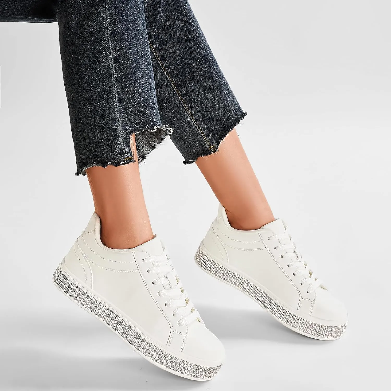 Sneakers with Sparkly Glitter Rhinestone Sneakers Platform Tennis Shoes Trendy Cute Comfortable Casual Dressy Wedding Bridal Walking Concert Fall GOSERCE Women's annually debate omit imitation fabricate royal Fashion 
