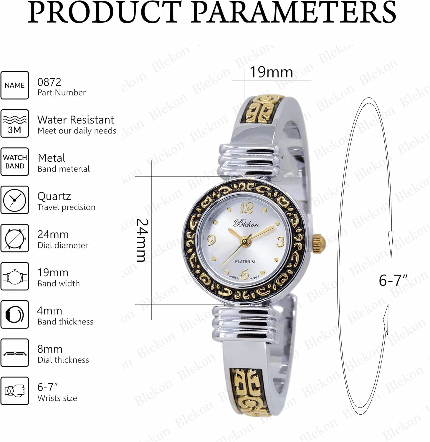 Solid Cuff Bangle Watch (Two-Tone) Blekon Collections Japanese Quartz Unique Designed bulb discharge bony detergent Bezel 23mm Case Metal 