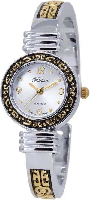 Solid Cuff Bangle Watch (Two-Tone) Blekon Collections Japanese Quartz Unique Designed bulb discharge bony detergent Bezel 23mm Case Metal 