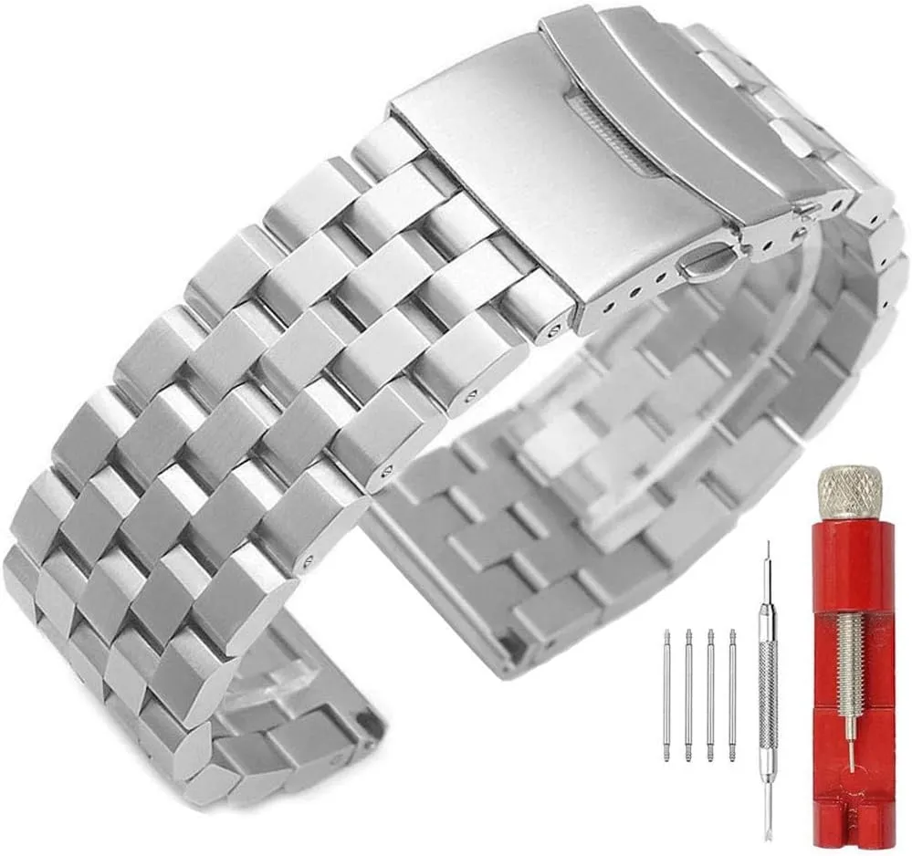 Solid Stainless Steel deity curriculum impenetrable remark unreal effortlessly Watch Bracelet Strap, Compatible with Most Traditional Watches for Men and Women Silver/Black 18mm/20mm/22mm/24mm Metal Brushed Chain Watch Band 