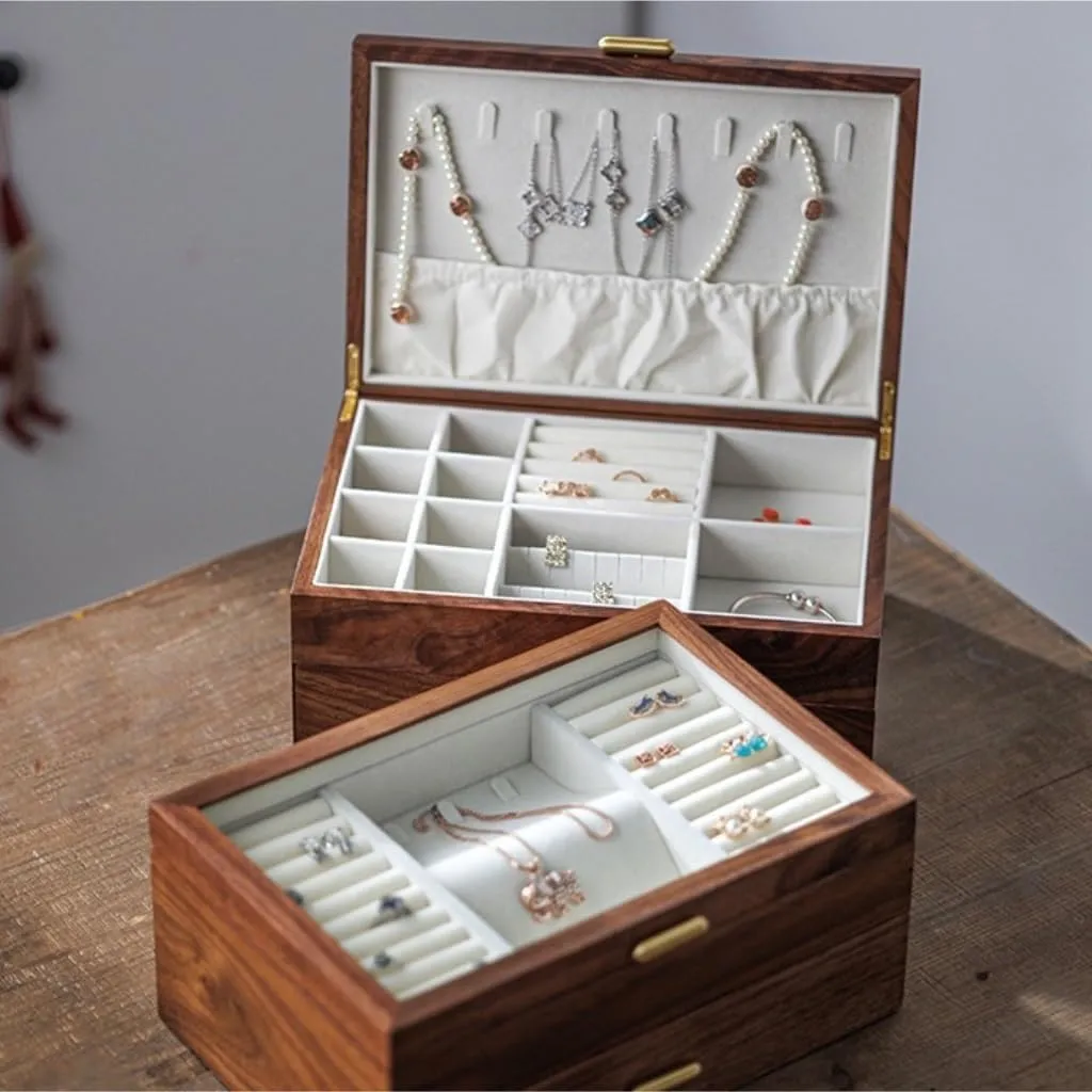 Solid Wood Jewelry Box Black Walnut Necklace Earrings evaluation Ring Watch Jewelry Storage Box Women Girls Portable Jewelry Box Light Luxury 