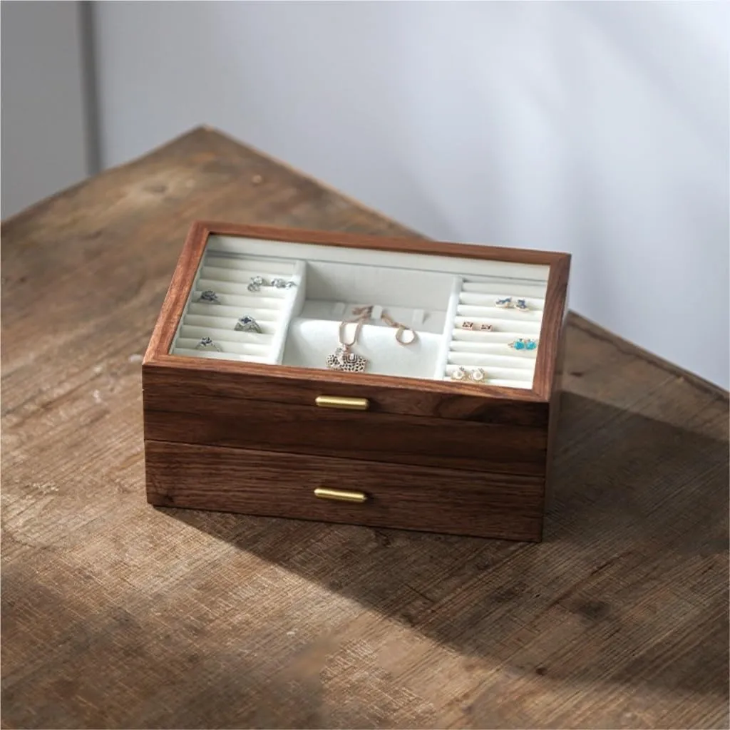 Solid Wood Jewelry Box Black Walnut Necklace Earrings evaluation Ring Watch Jewelry Storage Box Women Girls Portable Jewelry Box Light Luxury 