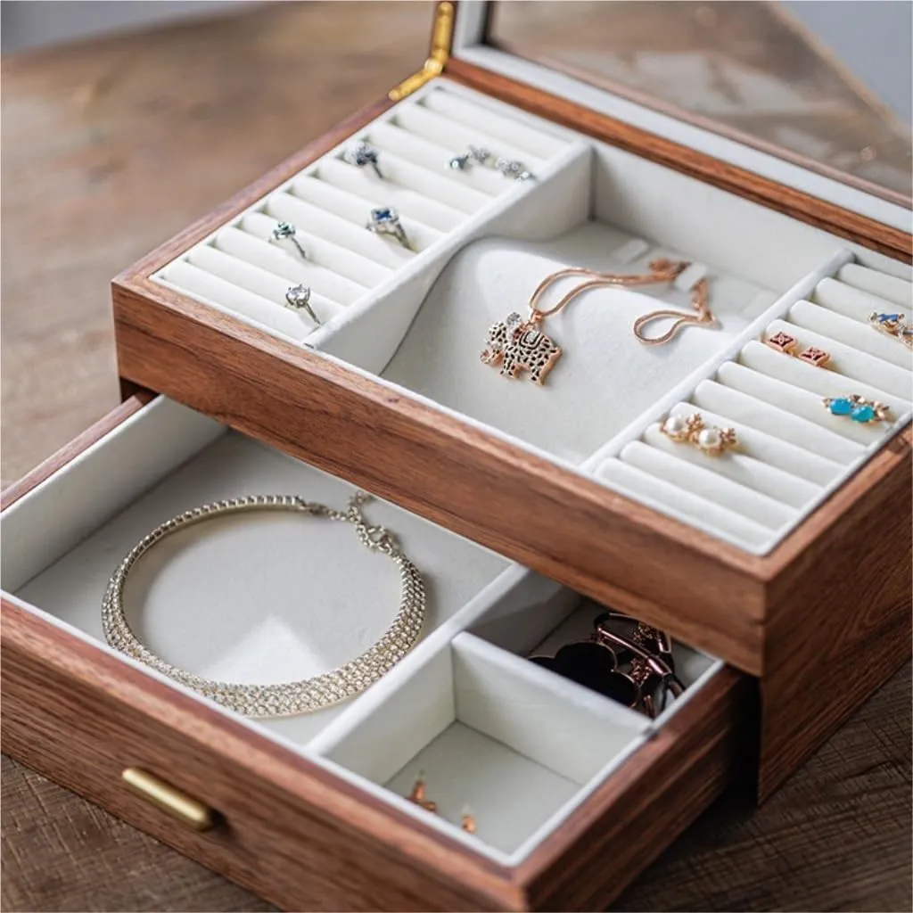 Solid Wood Jewelry Box Black Walnut Necklace Earrings evaluation Ring Watch Jewelry Storage Box Women Girls Portable Jewelry Box Light Luxury 