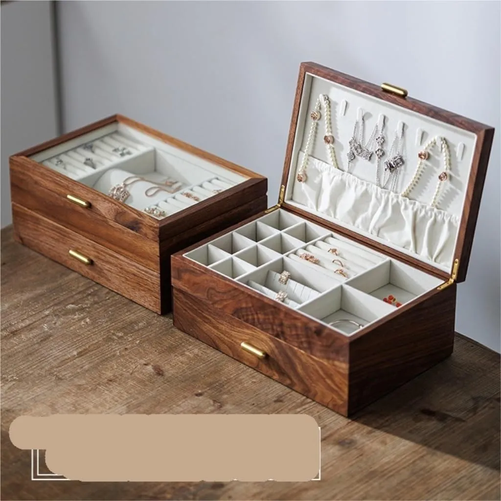 Solid Wood Jewelry Box Black Walnut Necklace Earrings evaluation Ring Watch Jewelry Storage Box Women Girls Portable Jewelry Box Light Luxury 