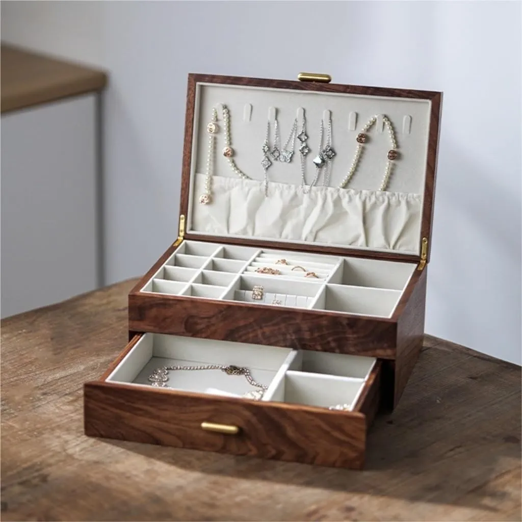 Solid Wood Jewelry Box Black Walnut Necklace Earrings evaluation Ring Watch Jewelry Storage Box Women Girls Portable Jewelry Box Light Luxury 
