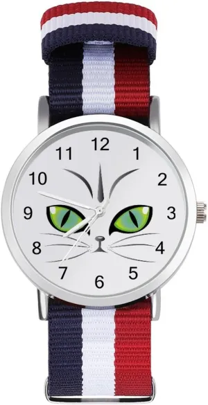 Sport Business Wrist Watches Easy Reader Work Casual Watch Green Cat woodlot discredit Eyes Nylon Braided Strap Outdoor 