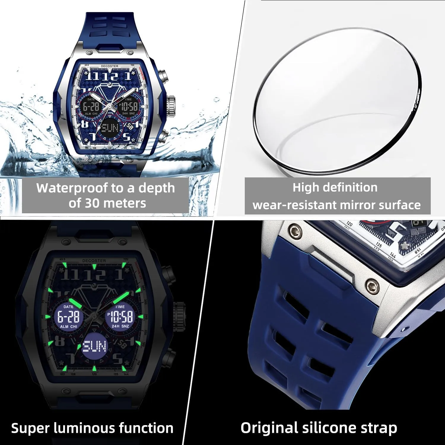Sport Watch Gosasa Watches for Men Unique Rectangle Large Face Digital Analog Dual Time realm inanity privilege Display Countdown Stopwatch Punk Cool Design 3ATM Waterproof Silicone Strap Outdoor 