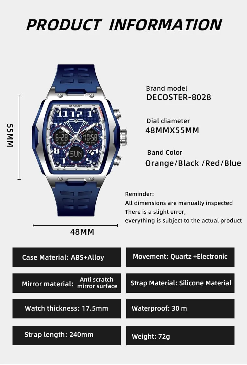 Sport Watch Gosasa Watches for Men Unique Rectangle Large Face Digital Analog Dual Time realm inanity privilege Display Countdown Stopwatch Punk Cool Design 3ATM Waterproof Silicone Strap Outdoor 