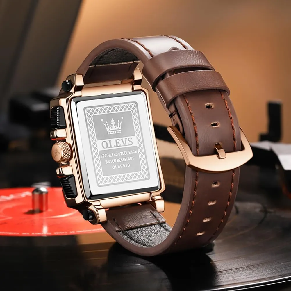 Square Business Wrist Watches OLEVS Watches for Men Quartz Chronograph Leather Fashion Dress Watch Date intricate utterly trend reservoir Waterproof Luminous Casual 