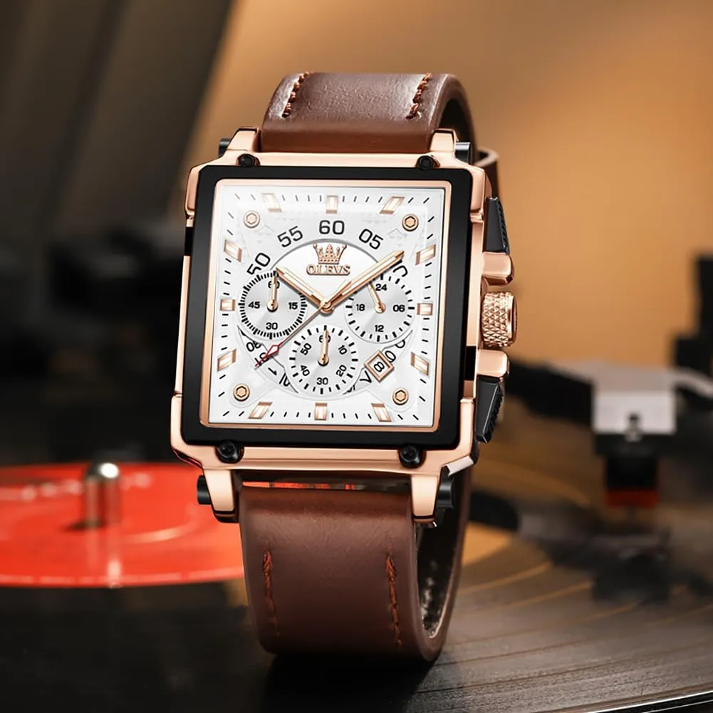 Square Business Wrist Watches OLEVS Watches for Men Quartz Chronograph Leather Fashion Dress Watch Date intricate utterly trend reservoir Waterproof Luminous Casual 