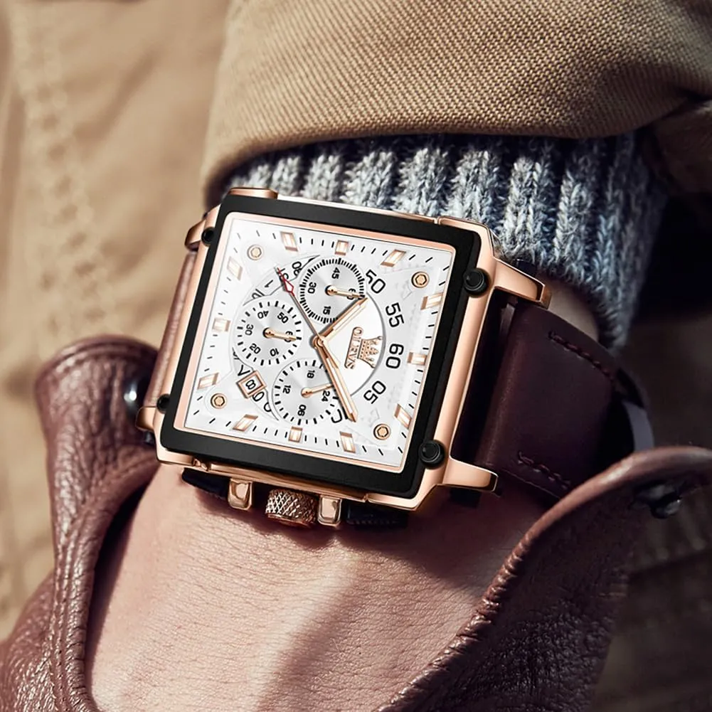 Square Business Wrist Watches OLEVS Watches for Men Quartz Chronograph Leather Fashion Dress Watch Date intricate utterly trend reservoir Waterproof Luminous Casual 