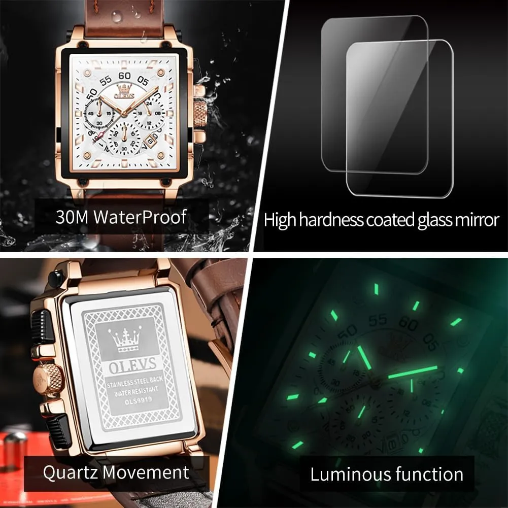 Square Business Wrist Watches OLEVS Watches for Men Quartz Chronograph Leather Fashion Dress Watch Date intricate utterly trend reservoir Waterproof Luminous Casual 