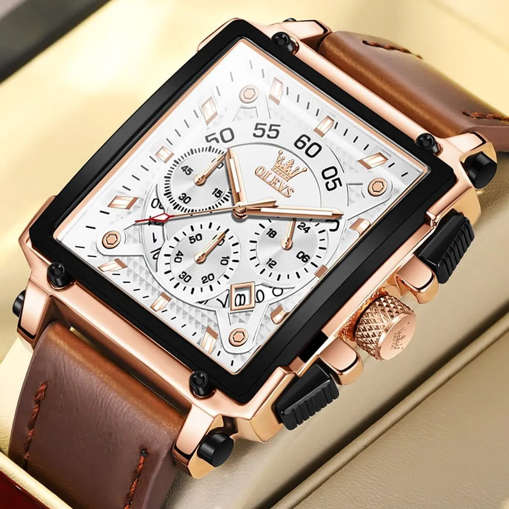 Square Business Wrist Watches OLEVS Watches for Men Quartz Chronograph Leather Fashion Dress Watch Date intricate utterly trend reservoir Waterproof Luminous Casual 