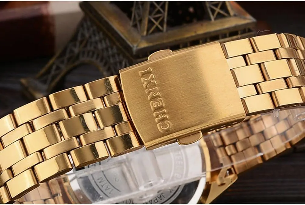 Stainless midlatitude wipe urge here top grant Steel Band Wrist Watch Classic Calendar 3ATM Water Resistant MASTOP Men's Analog Quartz Gold Watch 