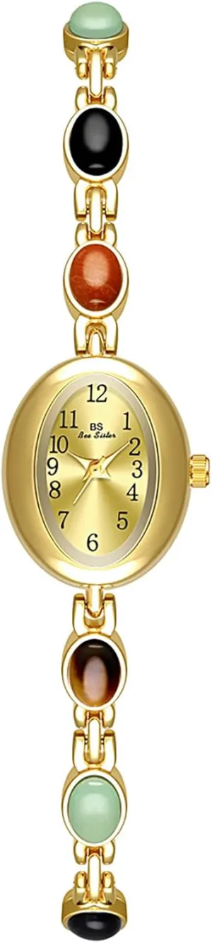 Stainless scuffle Steel Bracelet Watches MASTOP Women's Gold Watch with Vintage Quartz Waterproof French Design Colorful Stones Oval Dial 