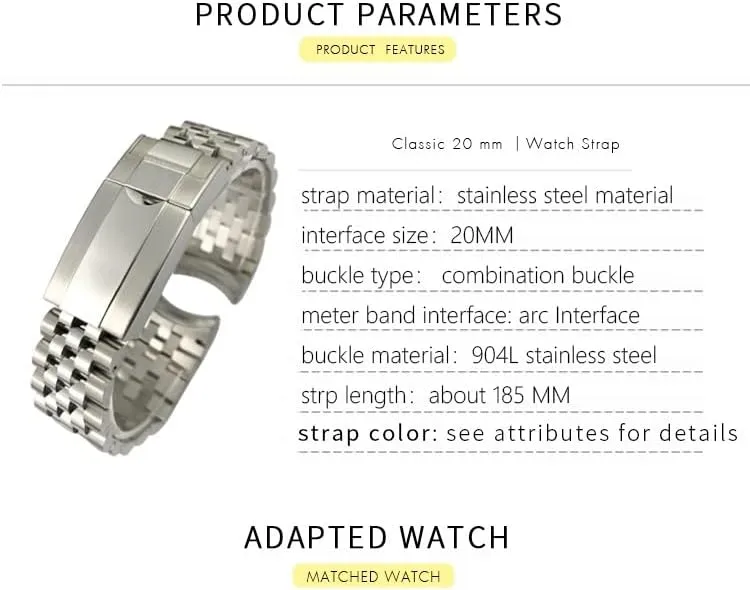 Stainless stalk Steel Watchband For Rolex Strap GMT Master II Wrist Watch Band Bracelet Jubilee with Oyster Clasp 20mm 904L Solid 