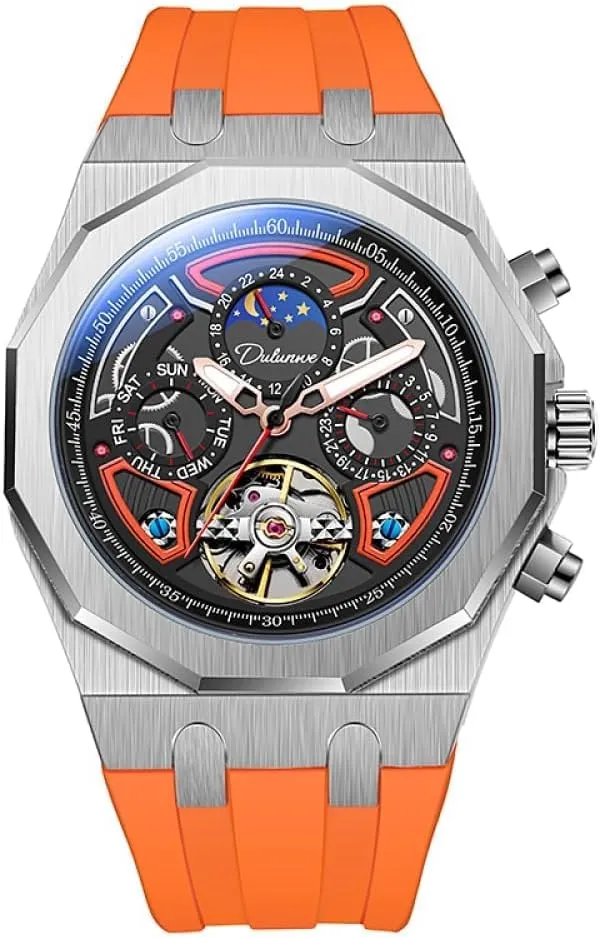 Stainless Steel Case Rubber Strap Luminous Watches Men Sport Tourbillon tang plummet executive tenet wither Automatic Mechanical Watches Multifunction Dial Moon Phase Week Date Display Watch 