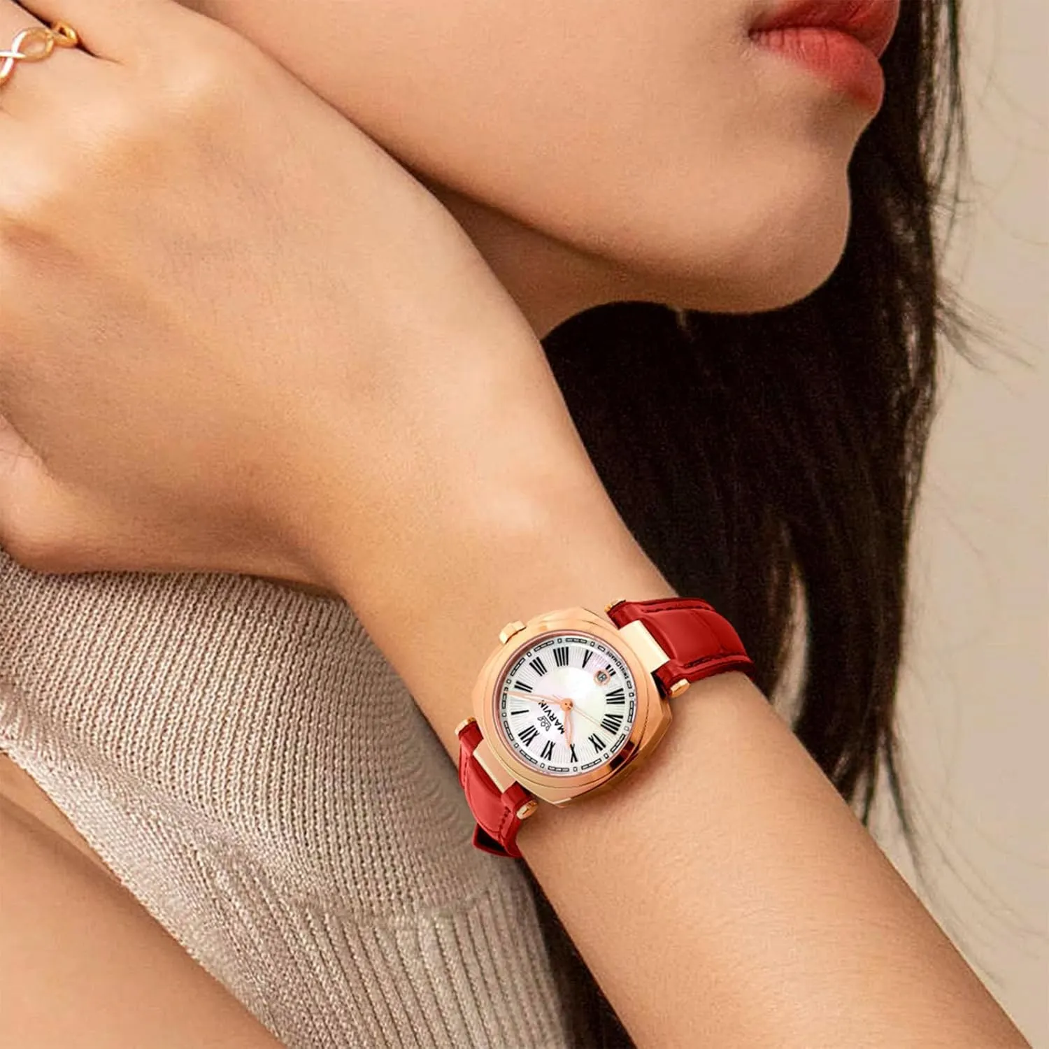 Stainless Steel Case,Quartz Movement,50M Waterproof marvin Watches for Women Swiss cripple Women's Wrist Watch with Silicone and Leather Strap,Rose Glod-Tone 