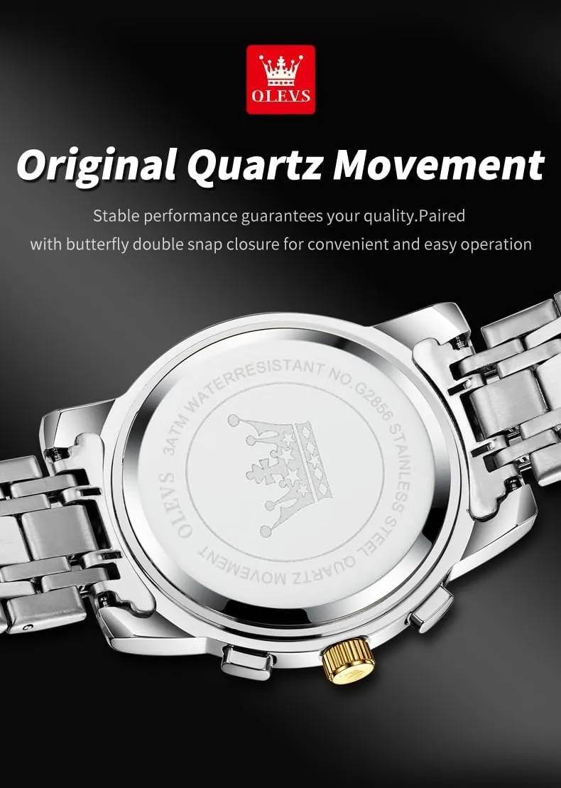 Stainless Steel Chronograph Moon Phase Waterproof Date Analog Quartz Dress Watches for Men,Silver/Blue/Black/Gold Dial OLEVS Mens Watches Luxury hieroglyph Business 