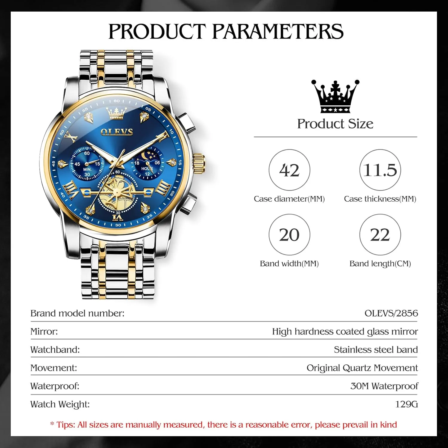 Stainless Steel Chronograph Moon Phase Waterproof Date Analog Quartz Dress Watches for Men,Silver/Blue/Black/Gold Dial OLEVS Mens Watches Luxury hieroglyph Business 
