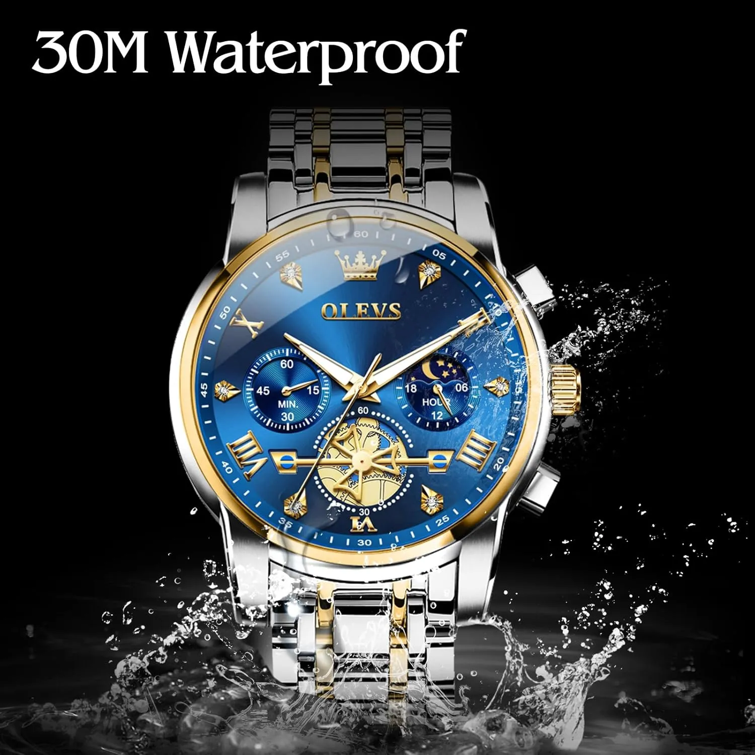 Stainless Steel Chronograph Moon Phase Waterproof Date Analog Quartz Dress Watches for Men,Silver/Blue/Black/Gold Dial OLEVS Mens Watches Luxury hieroglyph Business 