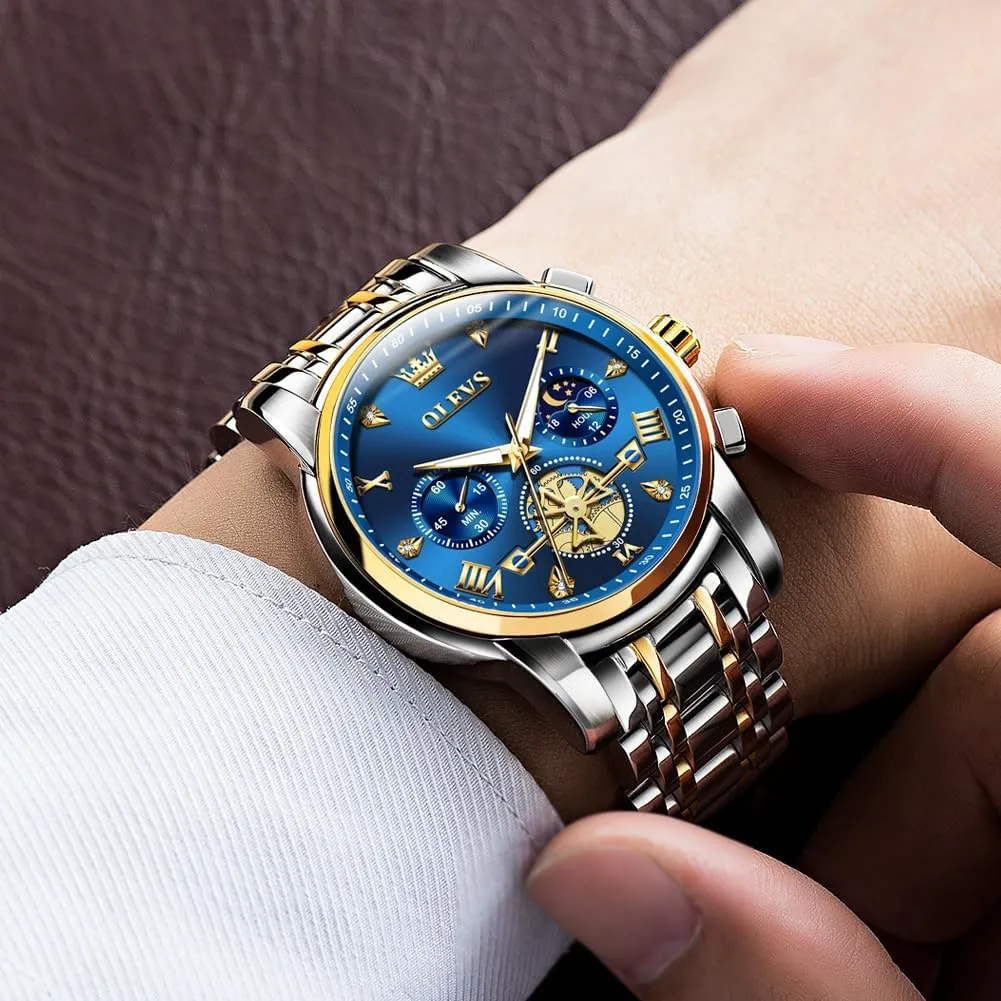 Stainless Steel Chronograph Moon Phase Waterproof Date Analog Quartz Dress Watches for Men,Silver/Blue/Black/Gold Dial OLEVS Mens Watches Luxury hieroglyph Business 