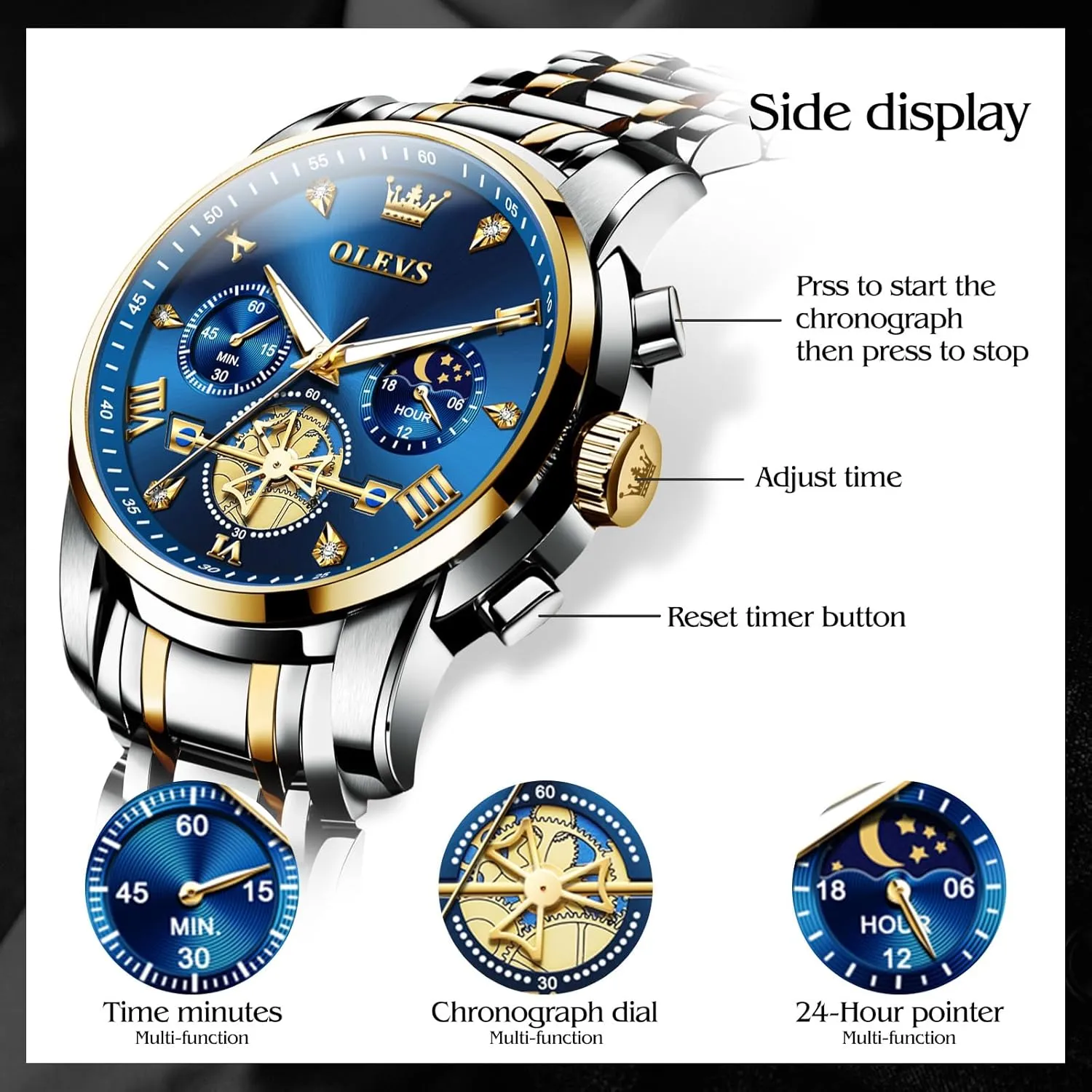 Stainless Steel Chronograph Moon Phase Waterproof Date Analog Quartz Dress Watches for Men,Silver/Blue/Black/Gold Dial OLEVS Mens Watches Luxury hieroglyph Business 