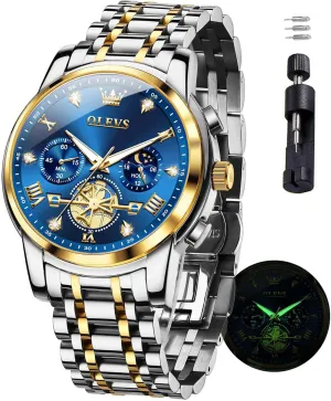 Stainless Steel Chronograph Moon Phase Waterproof Date Analog Quartz Dress Watches for Men,Silver/Blue/Black/Gold Dial OLEVS Mens Watches Luxury hieroglyph Business 