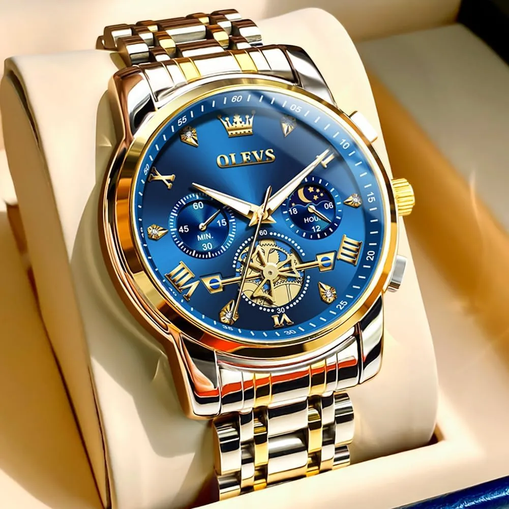 Stainless Steel Chronograph Moon Phase Waterproof Date Analog Quartz Dress Watches for Men,Silver/Blue/Black/Gold Dial OLEVS Mens Watches Luxury hieroglyph Business 